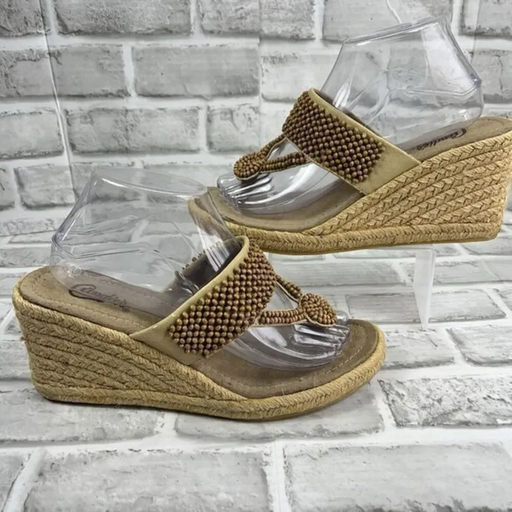 Candie’s Paxsha Women's Size 9 Natural Beaded Thong Wedge Sandals